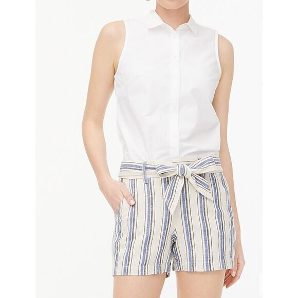 J Crew Cotton Linen Blue striped Tie front shorts Classic Coastal womens 4 new - Picture 1 of 10